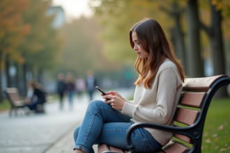 Jeune femme assise dans un parc urbain regardant son smartphone