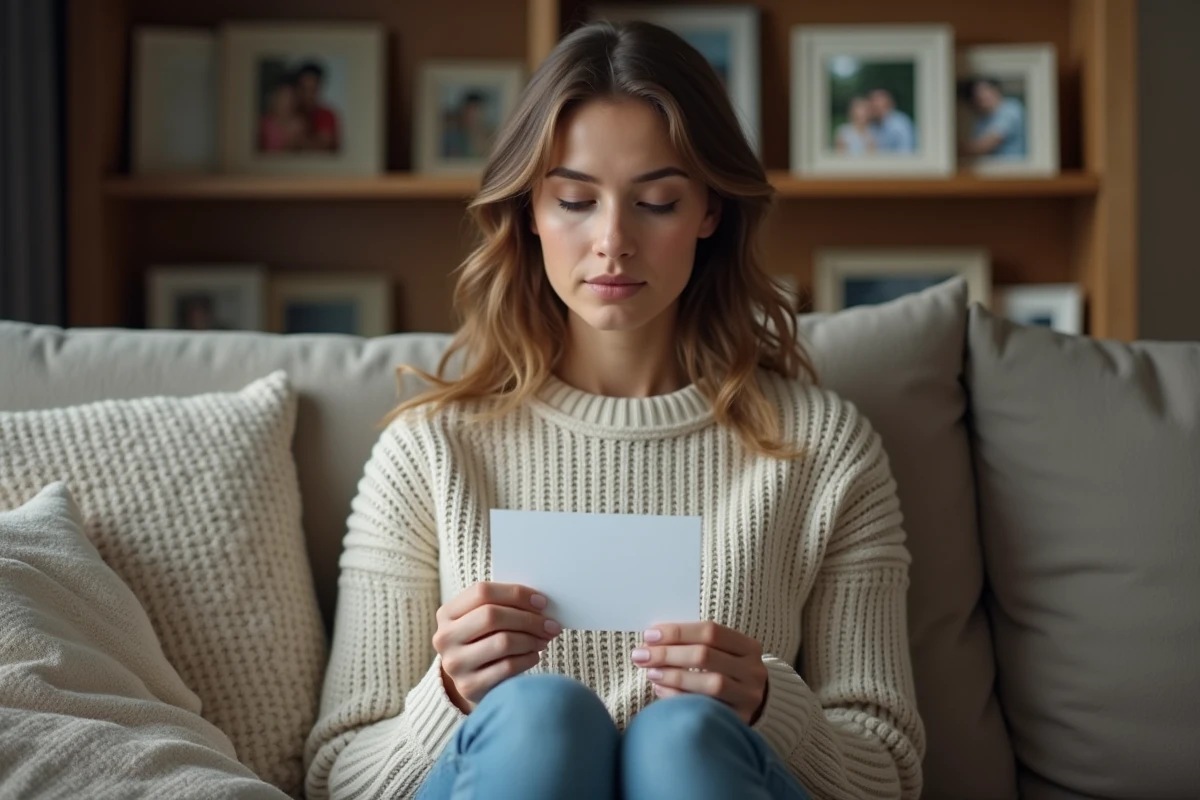 Femme tenant une carte de sympathie dans un salon chaleureux