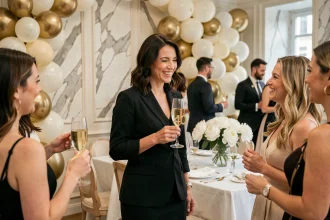 Femme élégante de 40 ans en robe noire tenant une coupe de champagne lors d'une fête d'anniversaire chic avec décoration dorée