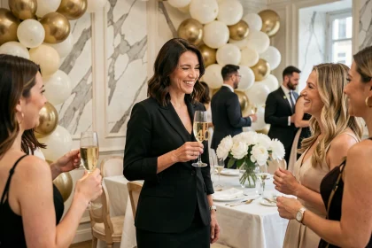 Femme élégante de 40 ans en robe noire tenant une coupe de champagne lors d'une fête d'anniversaire chic avec décoration dorée