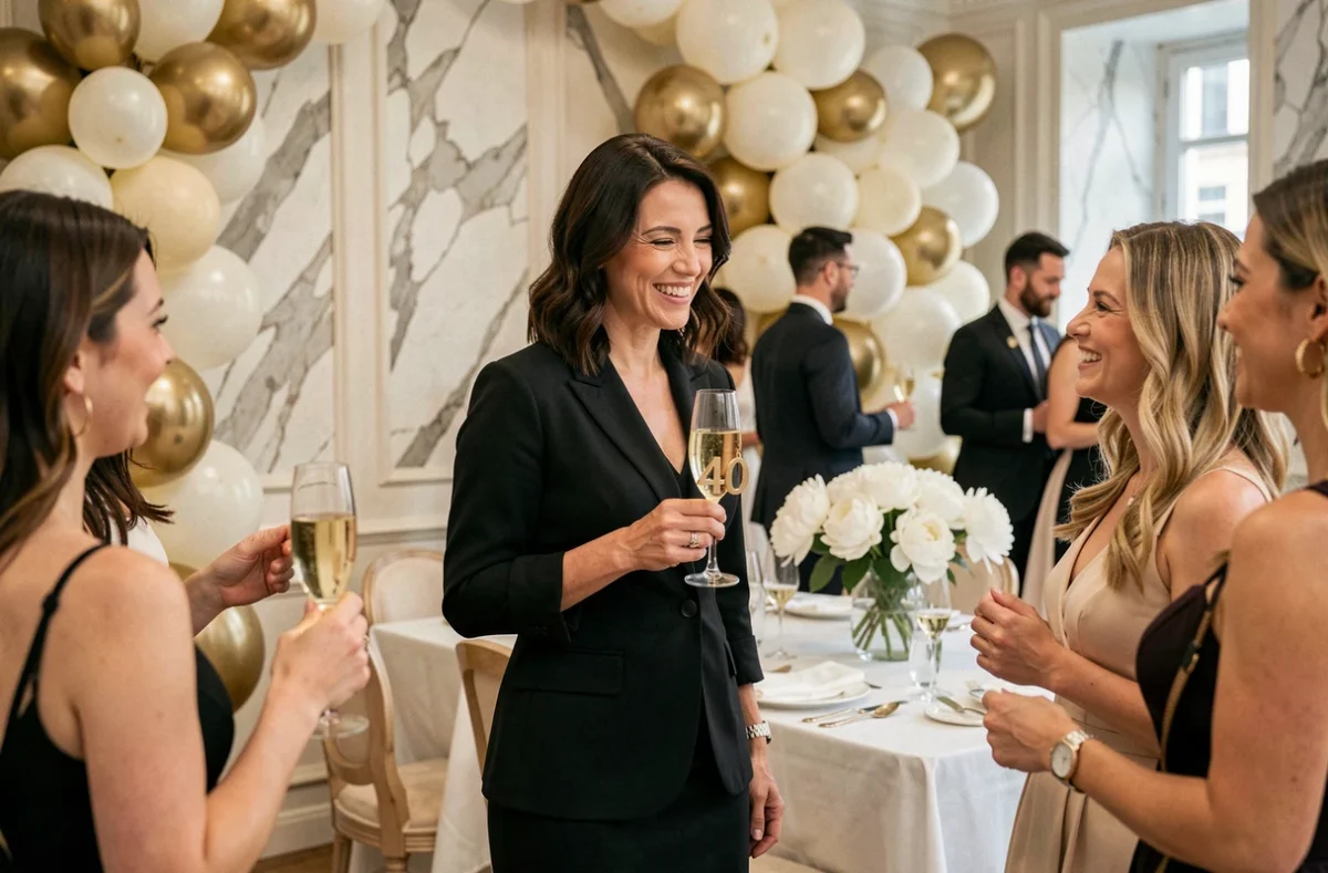 Femme élégante de 40 ans en robe noire tenant une coupe de champagne lors d'une fête d'anniversaire chic avec décoration dorée