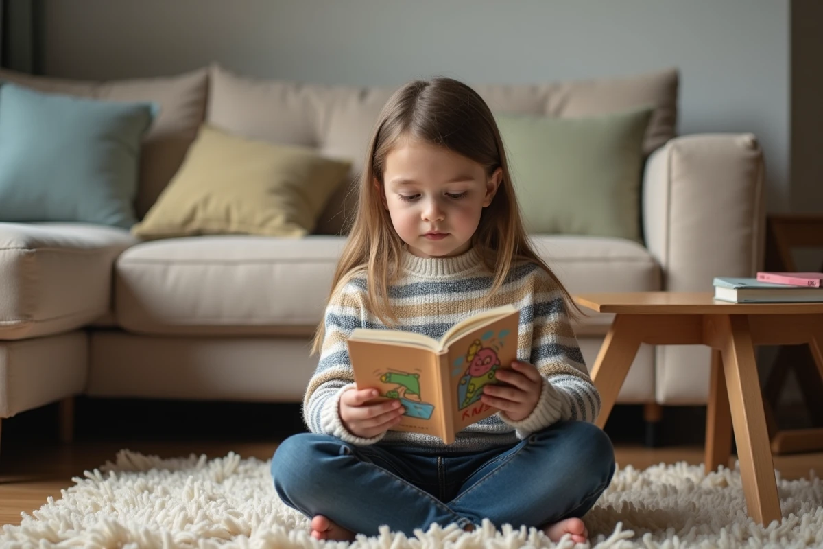 Jeune fille concentrée qui réfléchit à une devinette dans un salon confortable