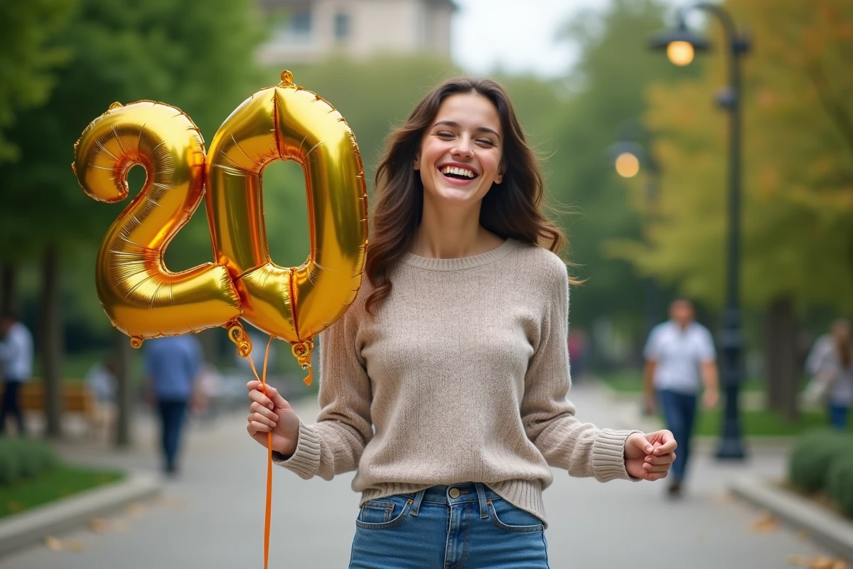 Jeune femme riant avec un ballon doré 20 ans dans un parc en plein air