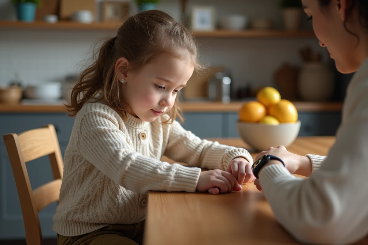 Fille de 7 ans portant une montre connectée à la maison