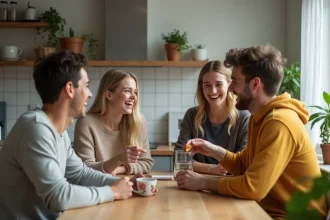 Groupe de frères et sœurs autour d'une table en cuisine lumineuse