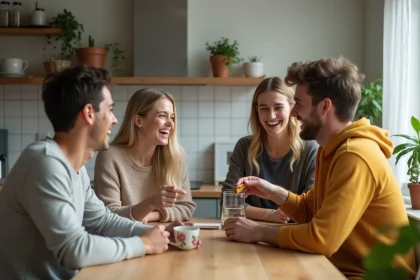 Groupe de fr&egrave;res et s&oelig;urs autour d'une table en cuisine lumineuse