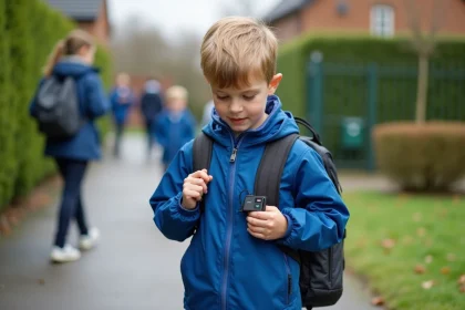 Gar&ccedil;on de 9 ans attachant un GPS &agrave; son sac &agrave; dos