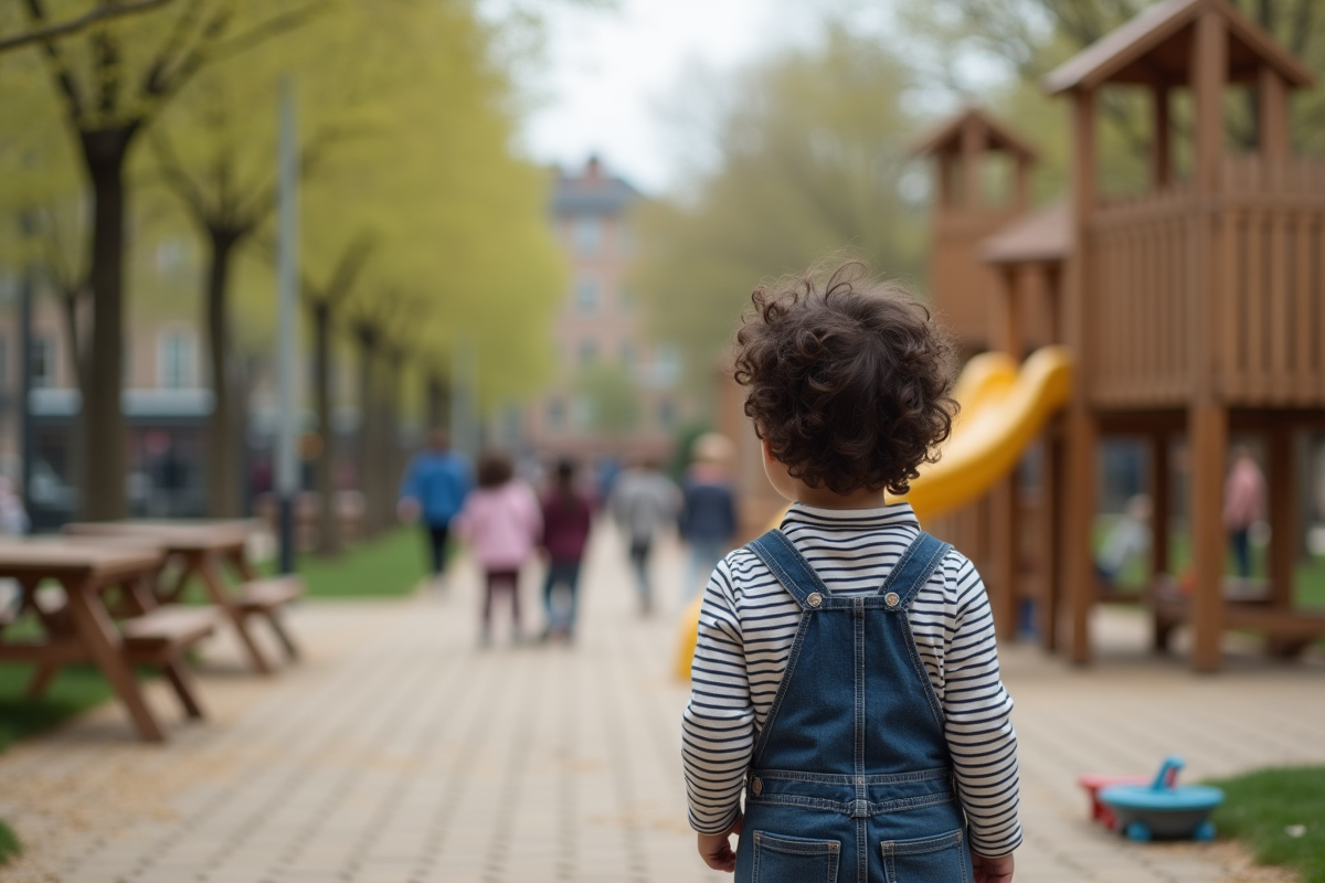 Garçon de trois ans regardant le terrain de jeu