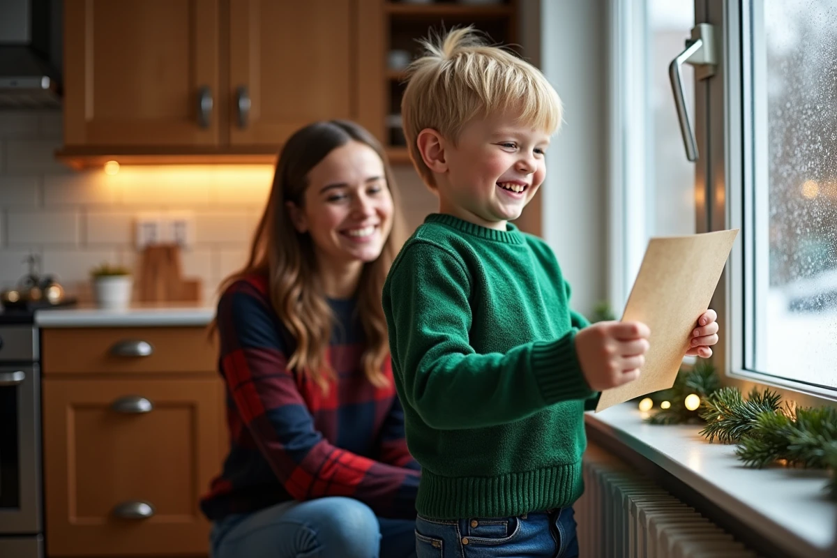 Gar&ccedil;on de 8 ans montre sa lettre de Santa &agrave; sa m&egrave;re pr&egrave;s de la fen&ecirc;tre