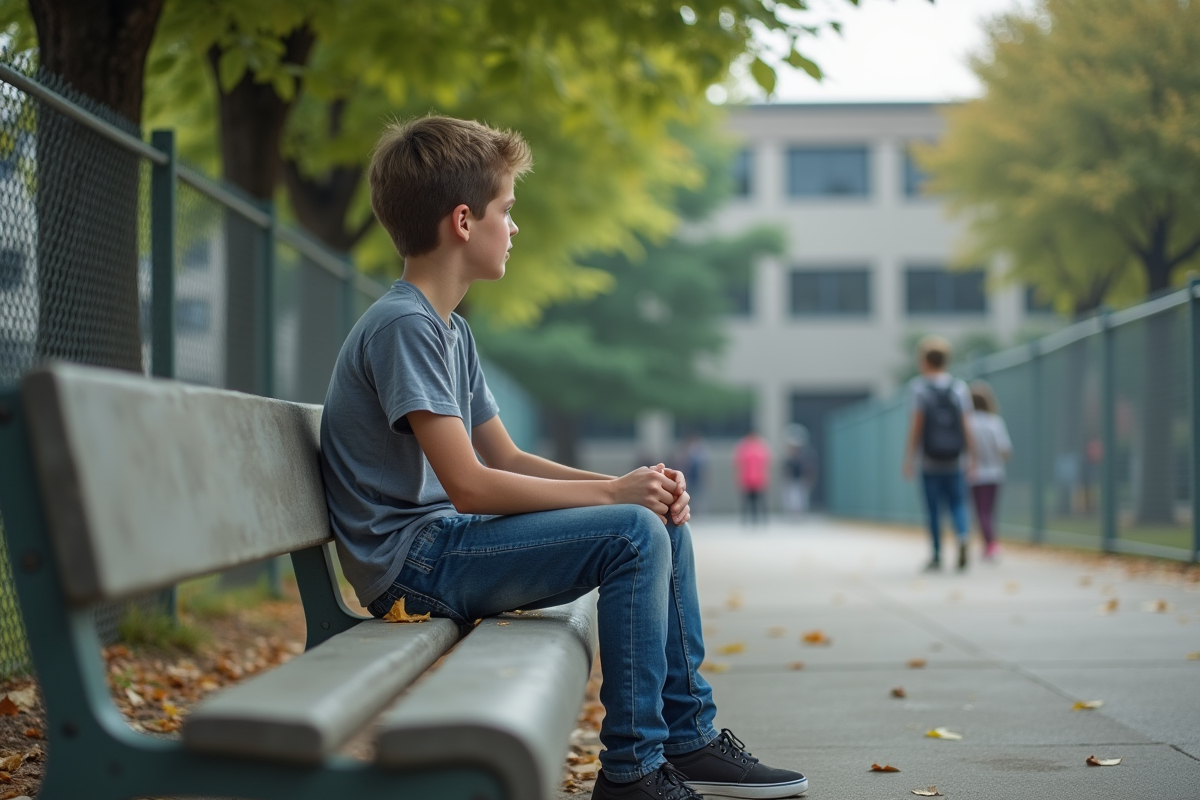 Adolescent assis seul sur un banc dans la cour
