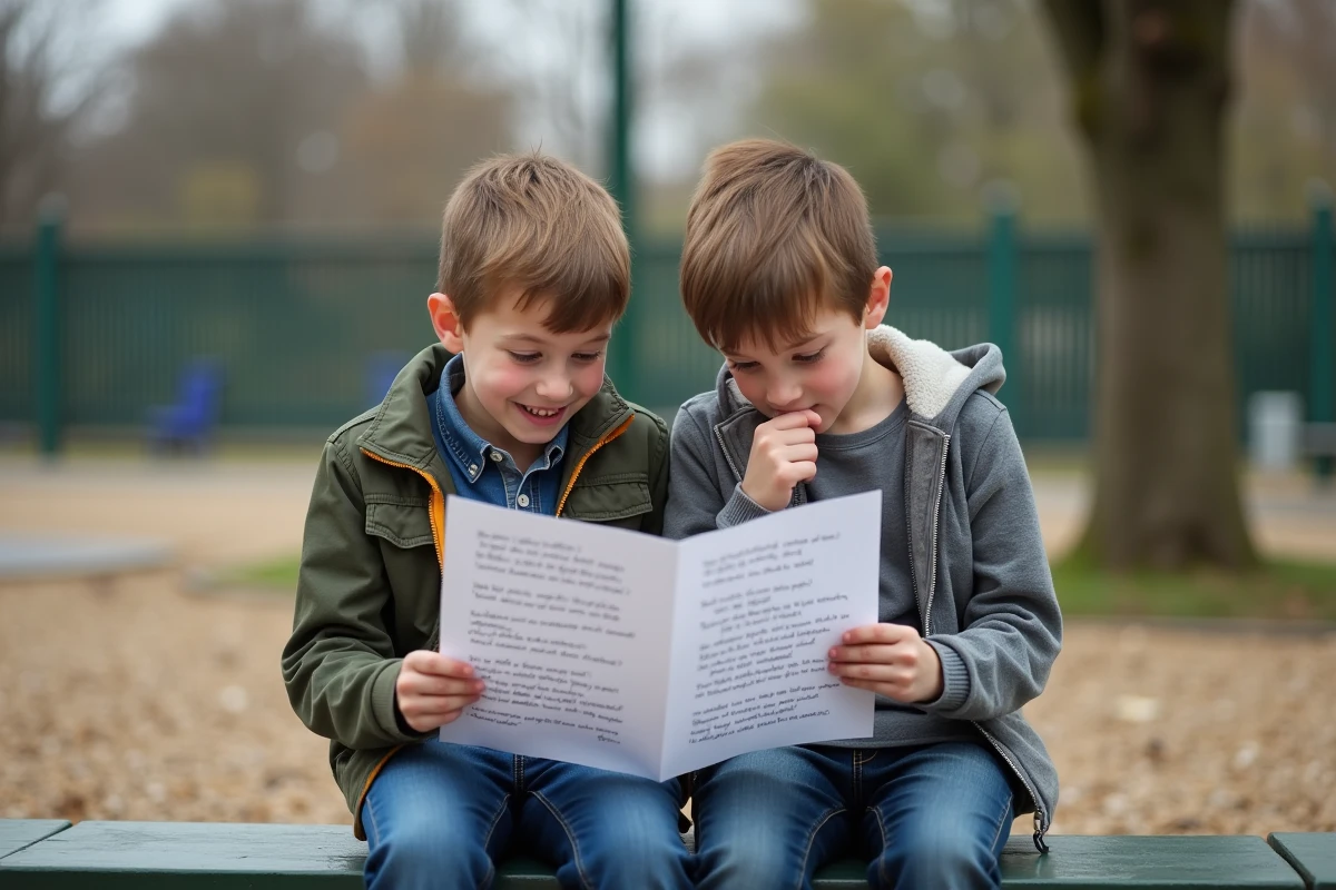 Deux garçons de primaire cherchent la réponse à une devinette dans la cour de récréation