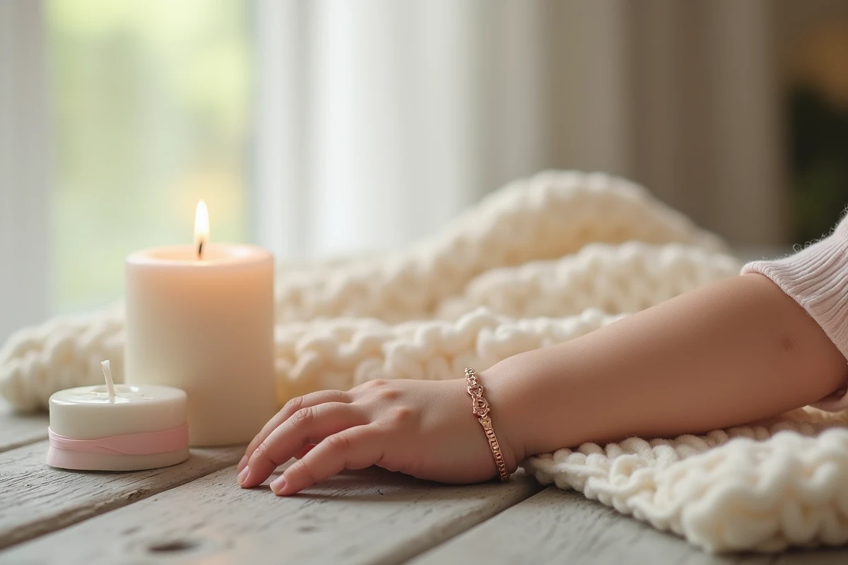 Bracelet gourmette en or rose au poignet d'un enfant posé sur couverture tricotée lors d'un baptême