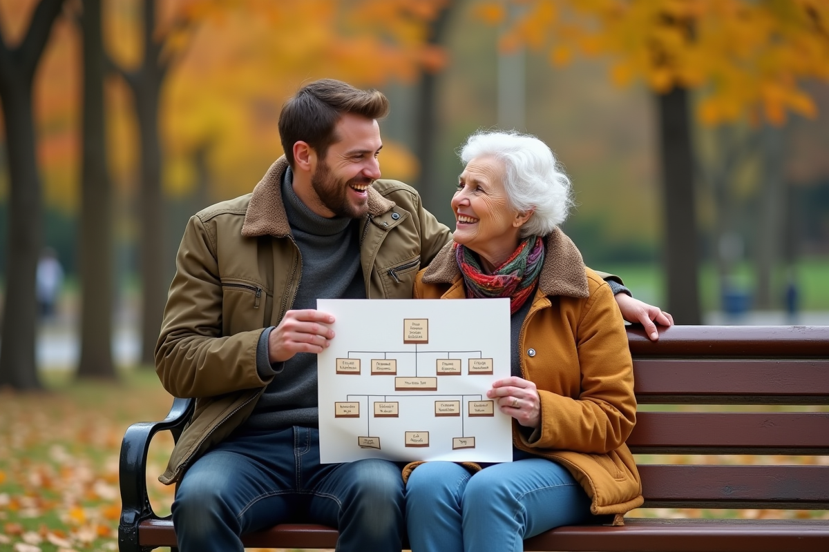 Grand-mère et petit-fils regardant un arbre généalogique dans un parc