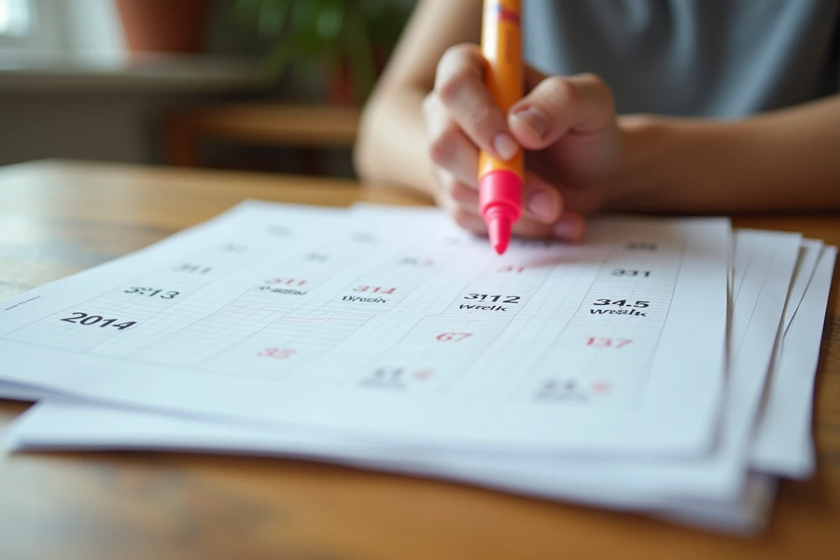Gros plan sur un calendrier PDF imprimé de semaines paires et impaires avec des semaines surlignées à la main