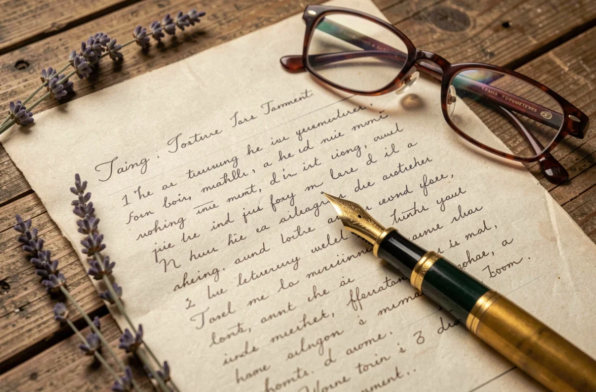 Gros plan d'un testament olographe manuscrit avec une plume dorée et des lunettes posées sur une table en bois rustique