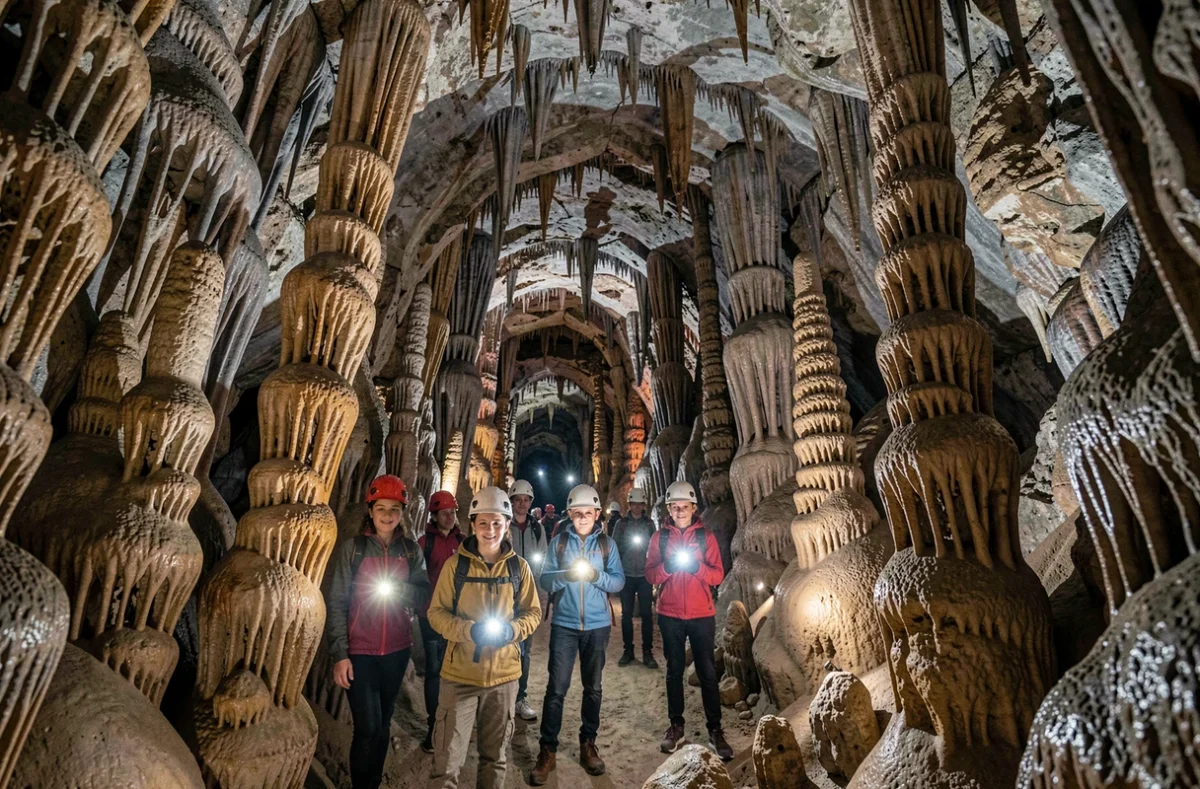 Groupe de visiteurs explorant les stalactites de la Grotte de Baume Obscure à Saint-Vallier-de-Thiey