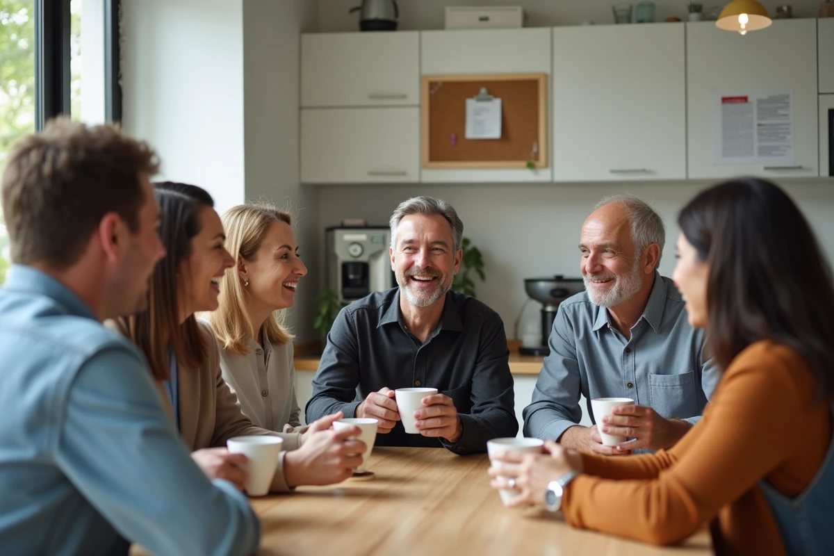 Groupe de collègues se retrouvant à la pause café pour fêter la rentrée dans une cuisine de bureau conviviale
