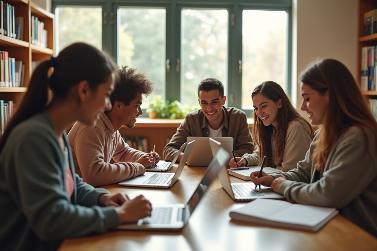 Groupe d etudiants collaborant à la bibliothèque