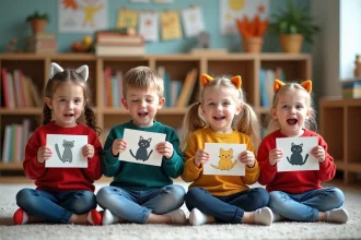 Quatre enfants chantent avec des cartes illustrées dans une classe