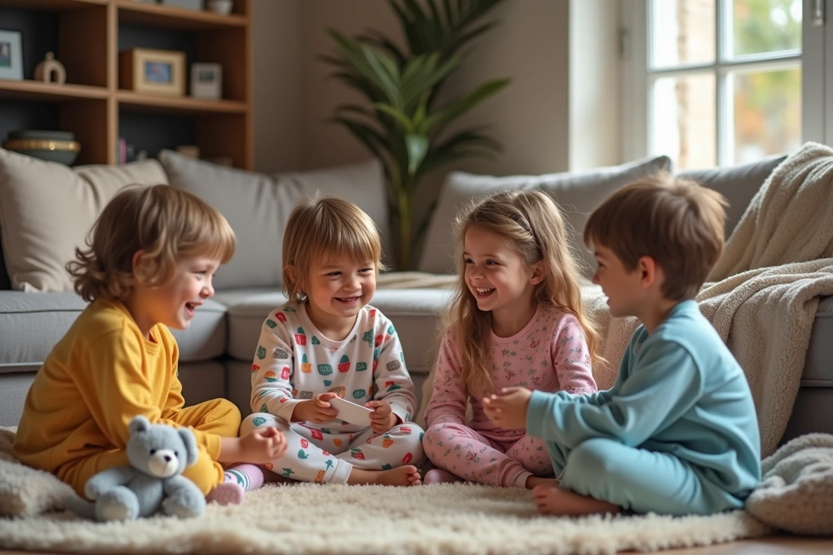 Enfants en pyjamas colorés rient dans un salon chaleureux