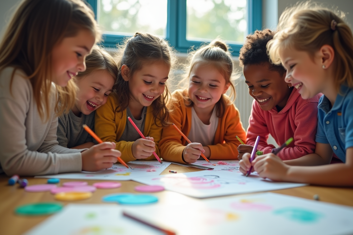 Enfants divers créant un projet coloré au sol de la classe
