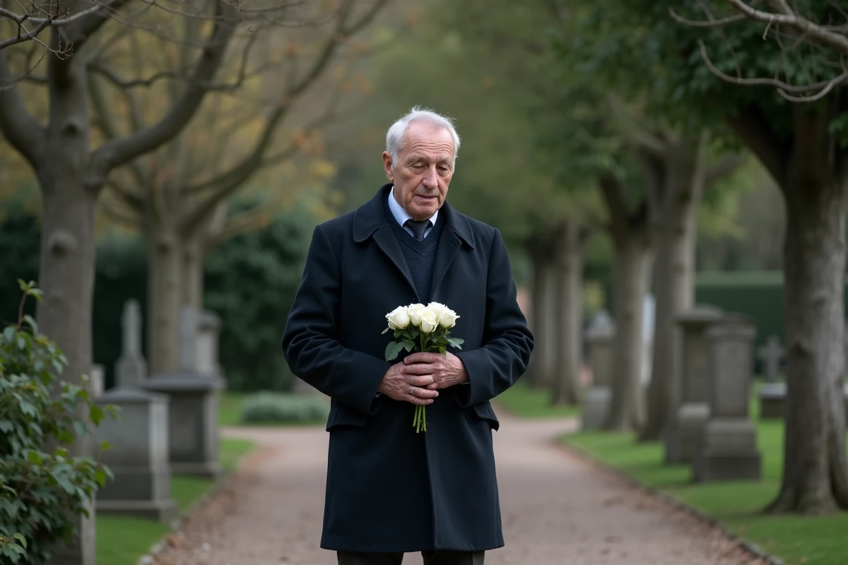 Homme tenant des roses blanches dans un cimetière en hommage à sa mère décédée