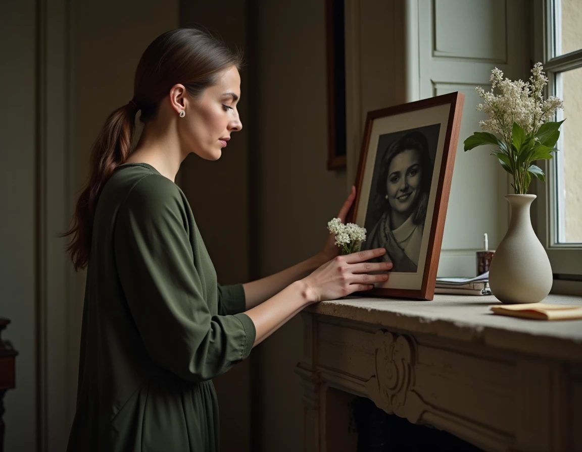 Femme d&eacute;posant des fleurs blanches devant le portrait d'un proche disparu sur un manteau de chemin&eacute;e en pierre