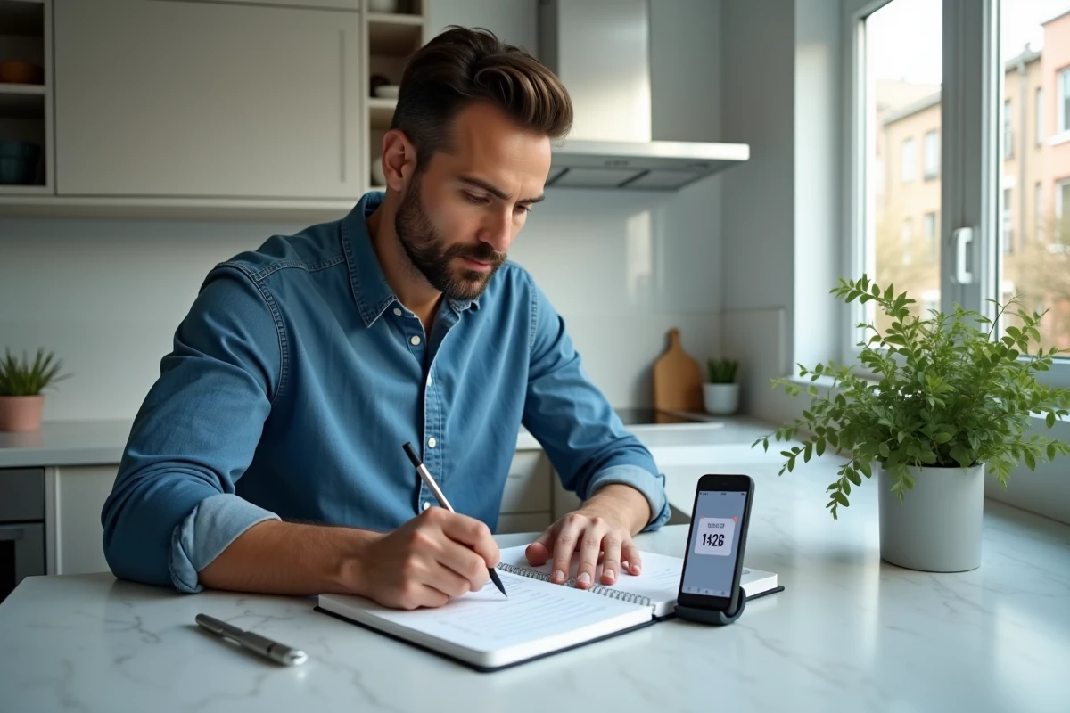 Homme notant les numéros de semaines paires et impaires dans un agenda papier avec un smartphone affichant le calendrier 2026