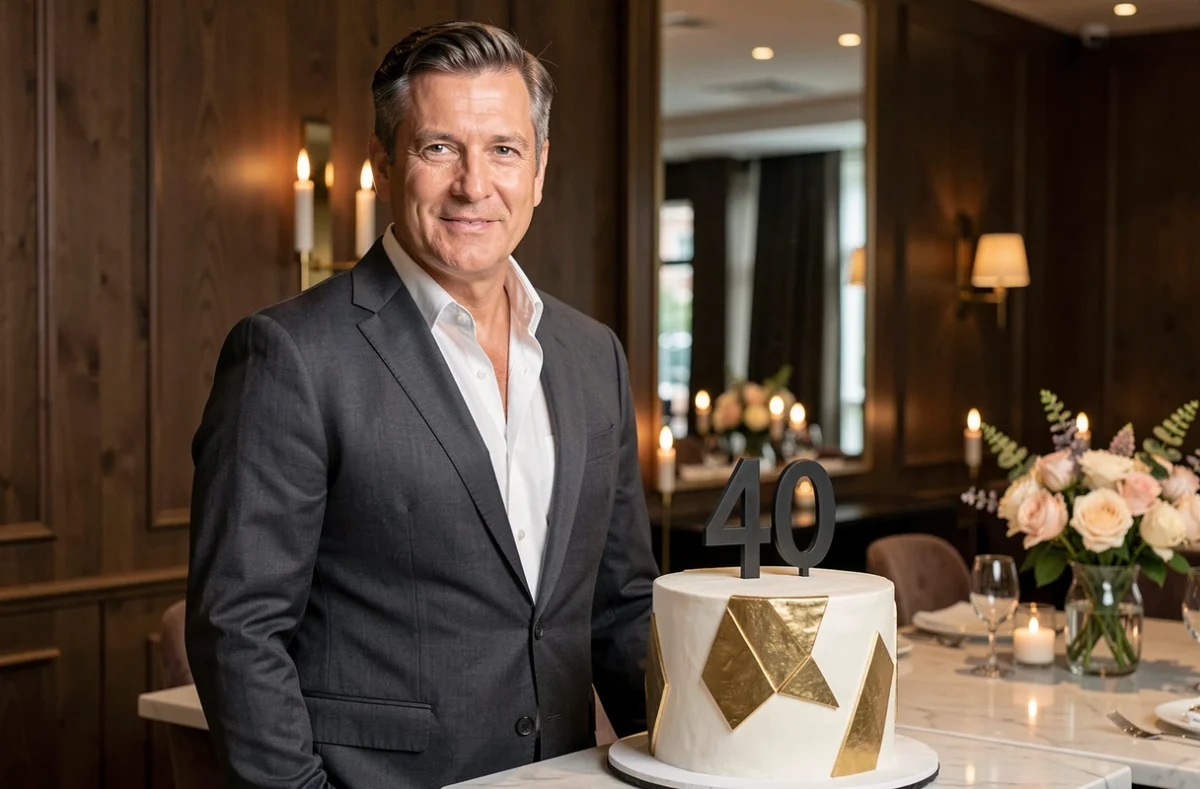 Homme élégant de 40 ans en costume gris posant fièrement devant un gâteau d'anniversaire minimaliste à la décoration dorée dans un restaurant chic