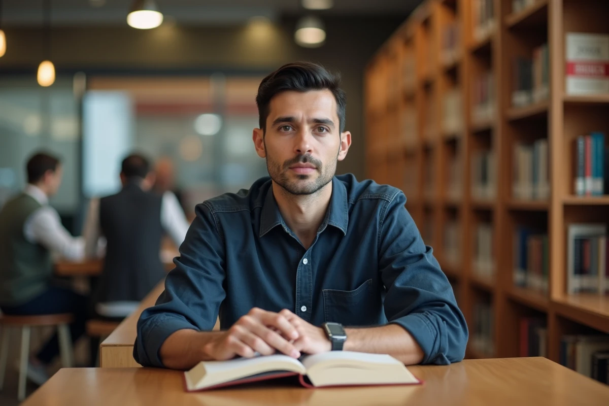Homme consultant un livre sur l'histoire des prénoms français dans une bibliothèque moderne