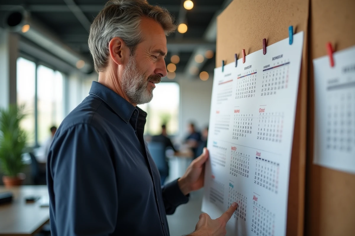 Homme en bureau examinant un calendrier annuel avec semaines paires et impaires épinglé sur un tableau en liège