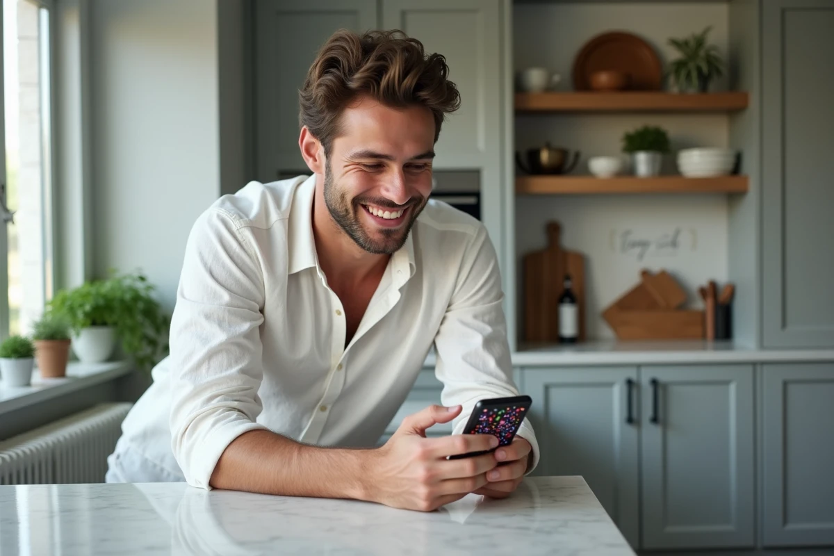 Homme souriant tenant un smartphone affichant une carte d'anniversaire animée colorée avec des confettis dans une cuisine moderne
