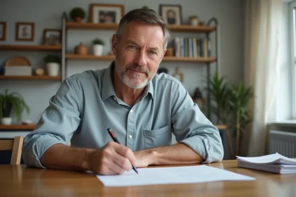 Homme d'&acirc;ge moyen &eacute;crivant &agrave; la maison dans la cuisine