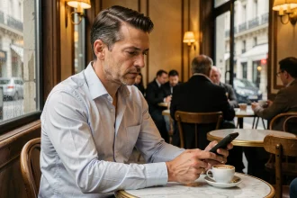 Homme marié solitaire dans un café parisien regardant son téléphone avec son alliance visible, symbolisant une crise de couple