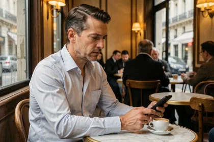 Homme marié solitaire dans un café parisien regardant son téléphone avec son alliance visible, symbolisant une crise de couple