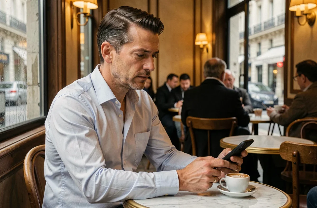 Homme marié solitaire dans un café parisien regardant son téléphone avec son alliance visible, symbolisant une crise de couple