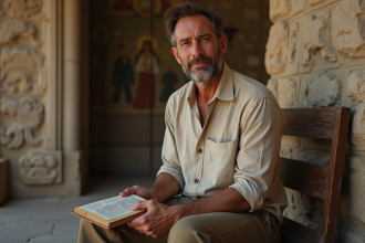 Homme méditerranéen assis dans une chapelle ancienne