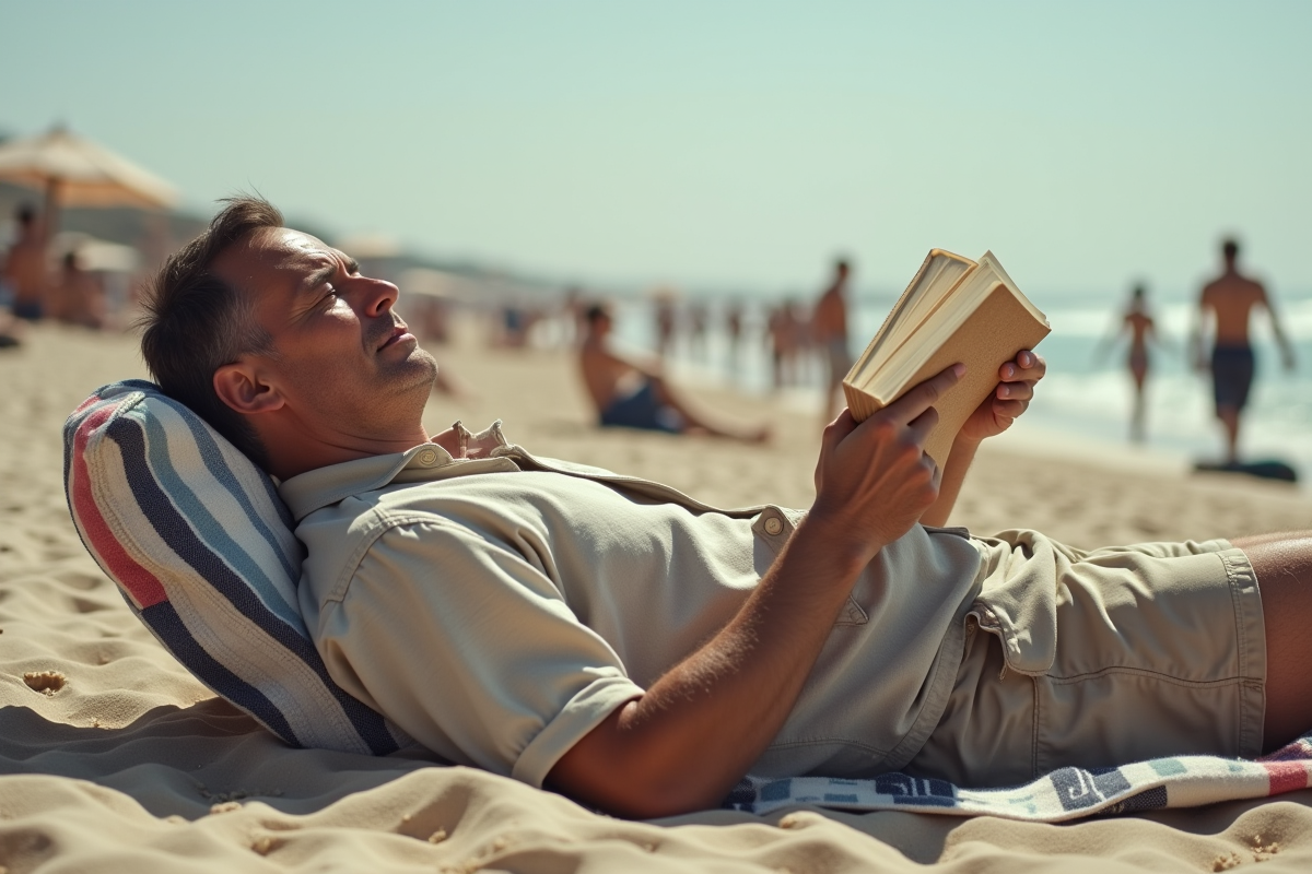 Homme détendu allongé à la plage avec livre