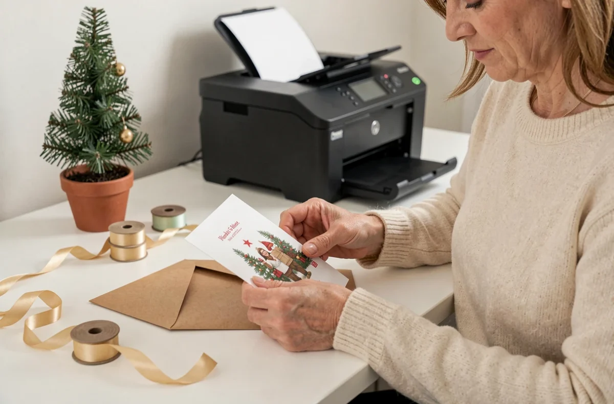 Femme pliant une carte de Noël imprimée recto verso pour la glisser dans une enveloppe assortie à son bureau
