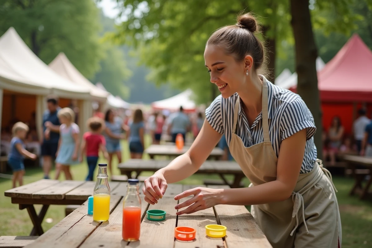 Animatrice installant un jeu de lancer d'anneaux en bois lors d'une kermesse de village