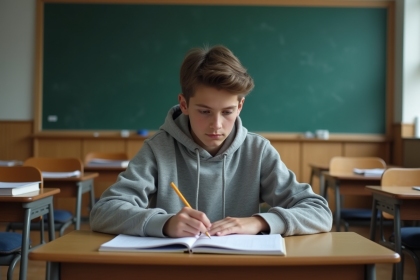 Adolescent seul à son bureau en classe avec un cahier ouvert