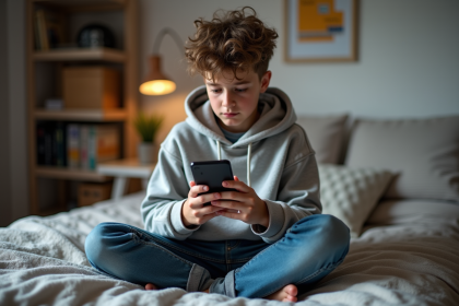 Jeune adolescent en jeans et hoodie lisant sur son smartphone
