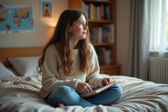 Jeune fille de 14 ans dans sa chambre en train de lire