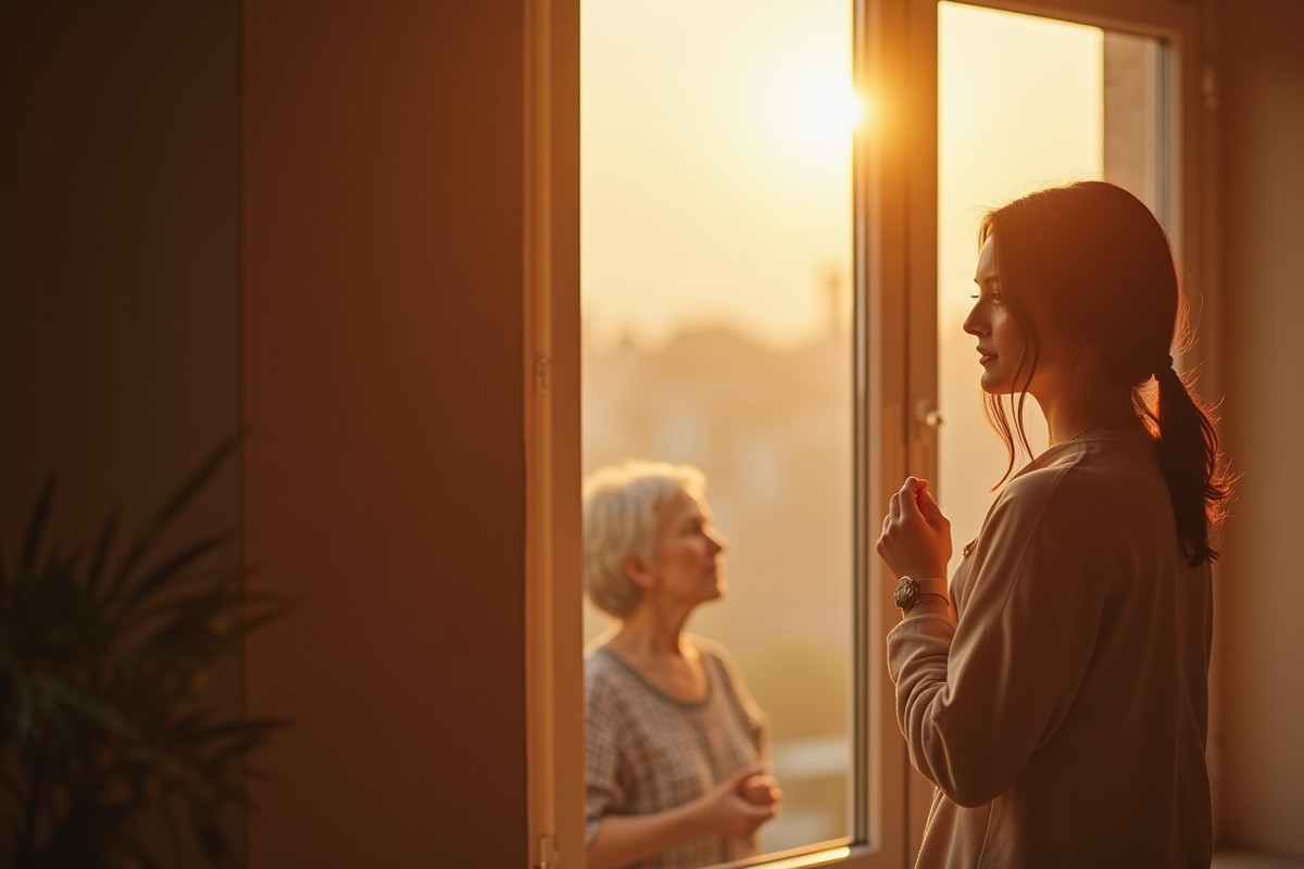 Jeune femme regardant par la fenêtre en réflexion