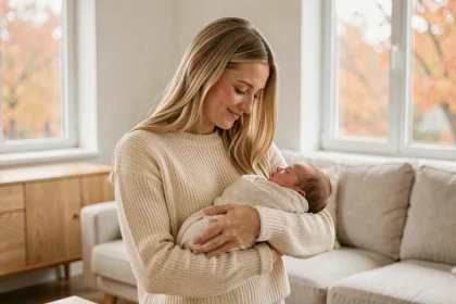Jeune mère blonde tenant tendrement son nouveau-né dans un salon scandinave lumineux, regard complice et intime