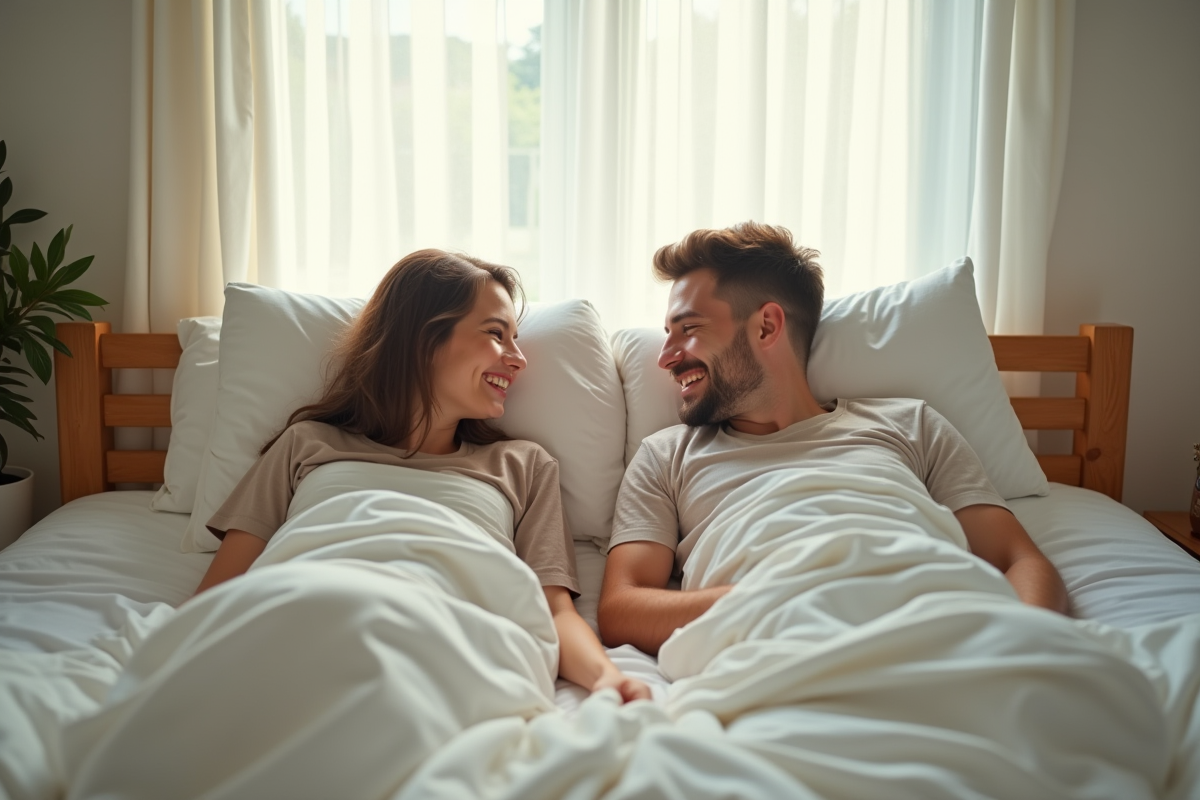 Jeunes adultes souriants allongés dans un lit lumineux