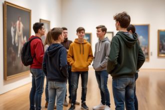 Jeunes adolescents discutant devant une peinture au musée