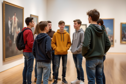 Jeunes adolescents discutant devant une peinture au musée