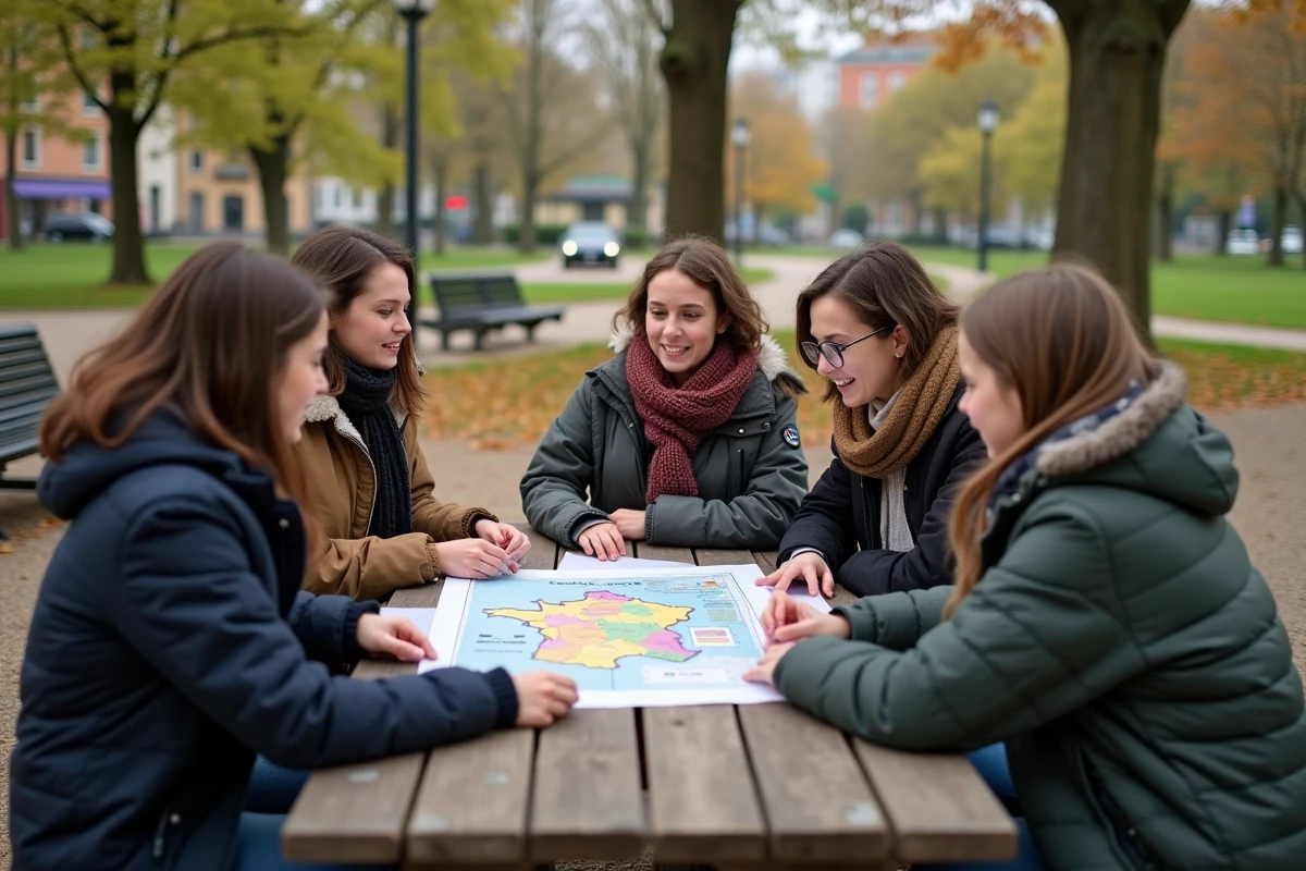 Jeunes lycéens regardant une carte de France dans un parc urbain