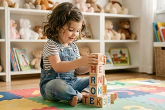 Petite fille de 4 ans empilant des cubes en bois avec des lettres pour apprendre l'alphabet avant l'école maternelle